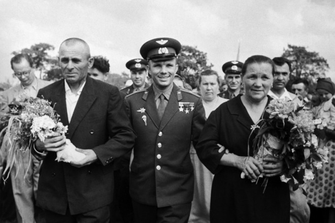 Yuri Gagarin with his parents