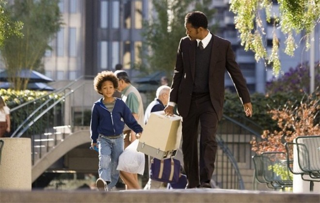 Jayden Smith with his father in the film "The Pursuit of Happyness"