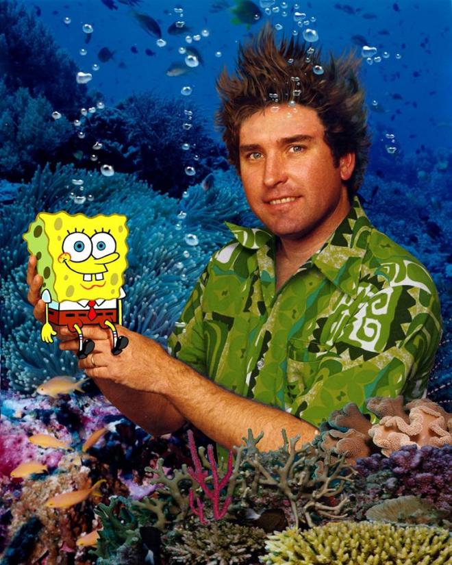 Stephen Hillenburg with the characters of SpongeBob SquarePants